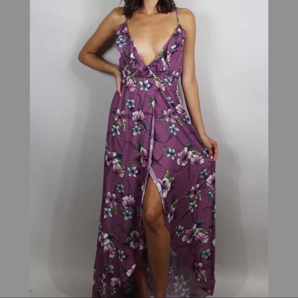 Floral V-neck Tie Back Spaghetti Strap Maxi Dress